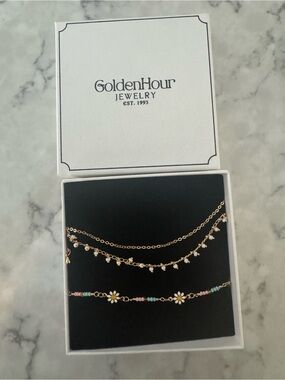 GoldenHour Gold Daisy Layered Anklet Set with Pastel Beads Set of 2